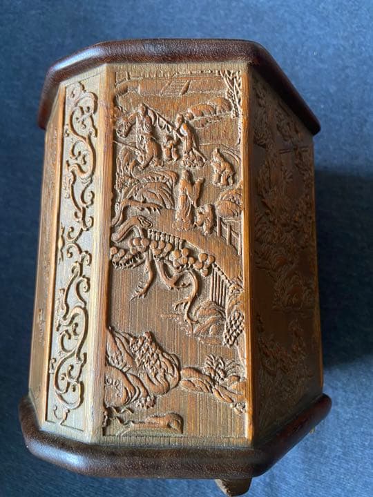 中国古美術品　細工彫り 竹筆筒