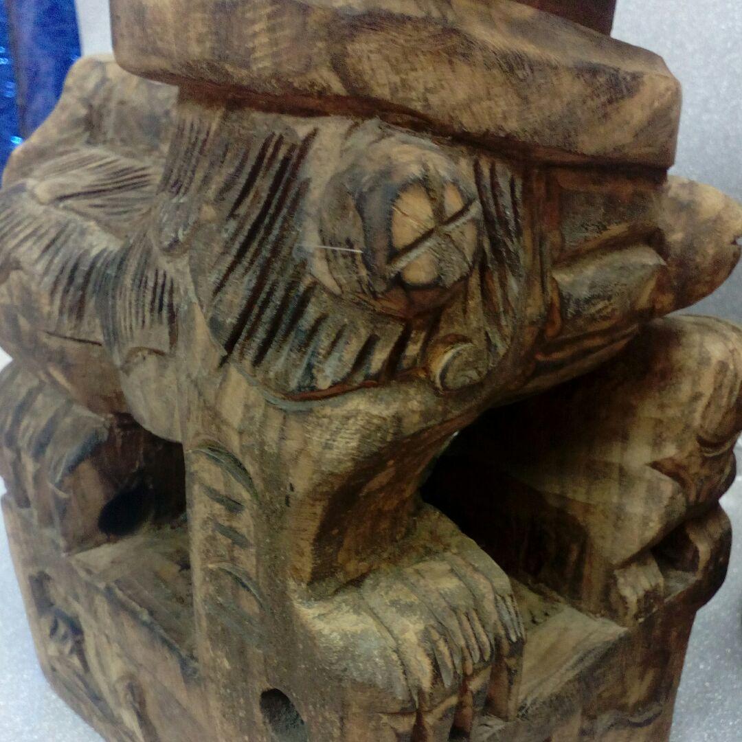 仏教古美術中国朝鮮方面江戸期頃細密造形木彫ニ対獅子２５〜２７センチ寺社仏閣当時物