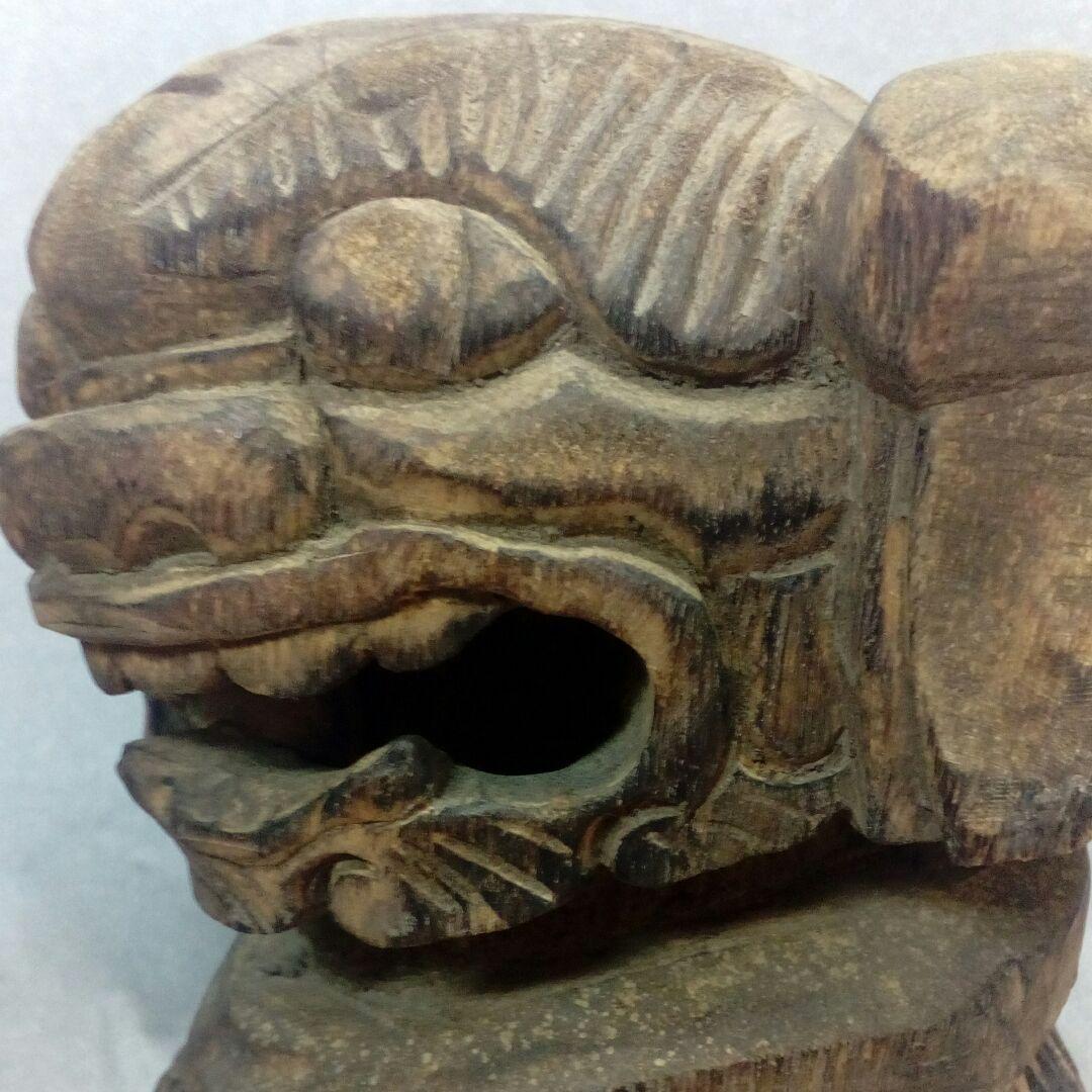 仏教古美術中国朝鮮方面江戸期頃細密造形木彫ニ対獅子２５〜２７センチ寺社仏閣当時物