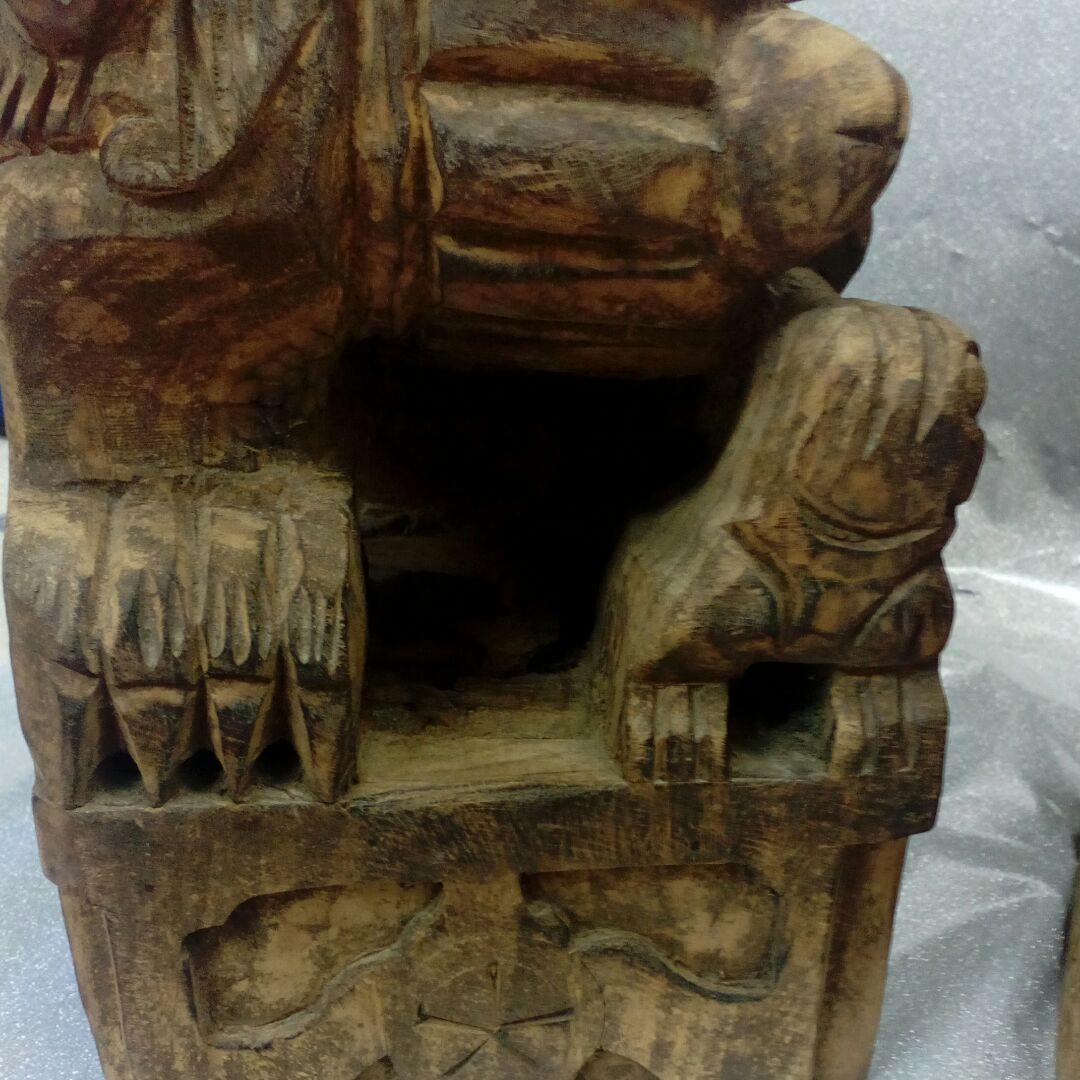 仏教古美術中国朝鮮方面江戸期頃細密造形木彫ニ対獅子２５〜２７センチ寺社仏閣当時物