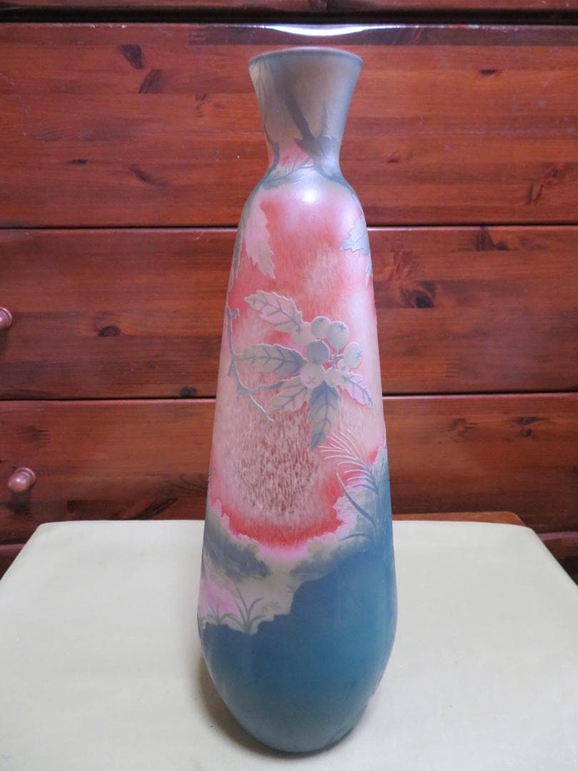 ◆飾り花器　多層被せガラス　酸化腐食彫刻　作者不明◆