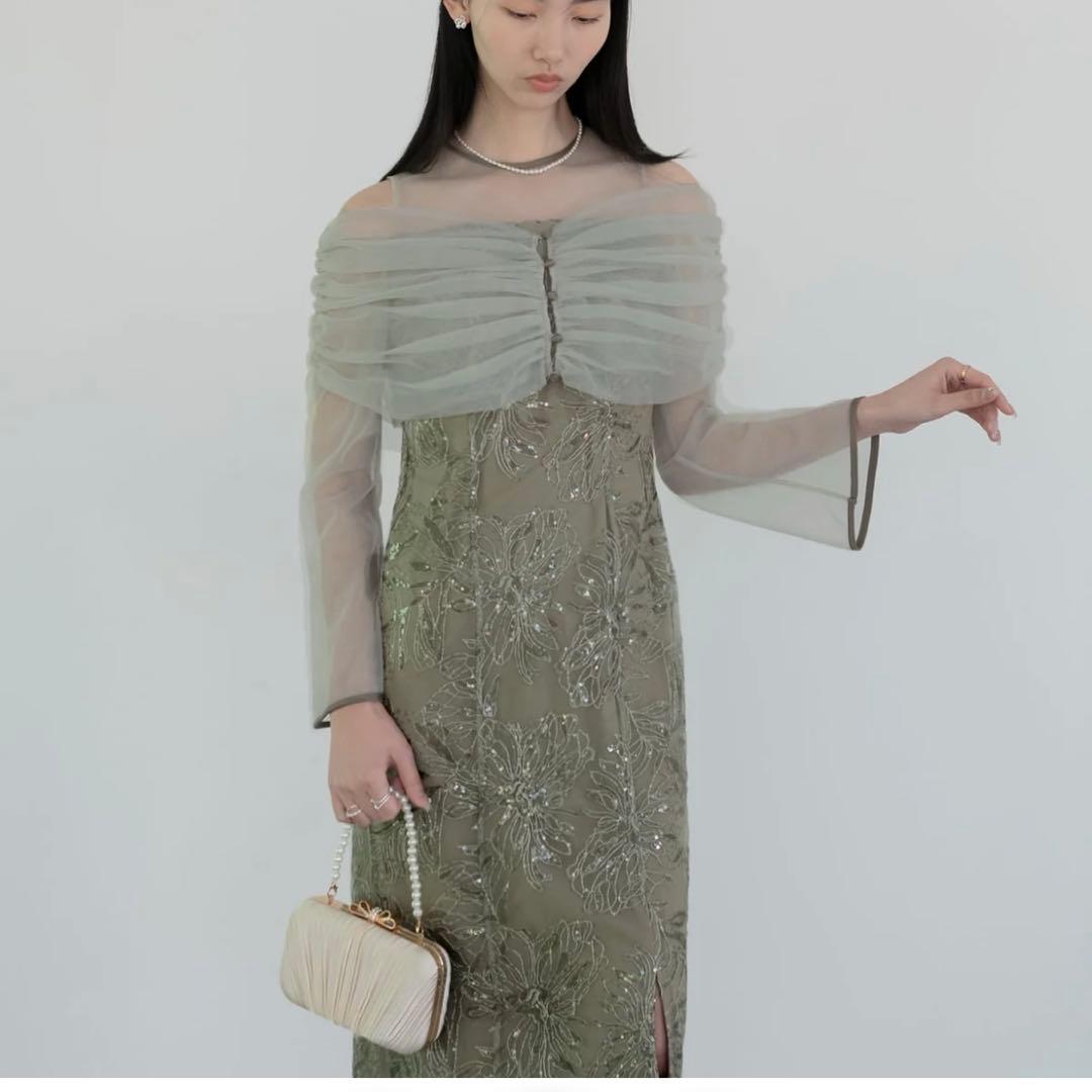 lejaチュールオフショルダー花柄Iラインワンピースドレス