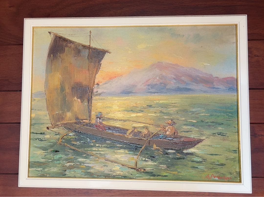 油彩画 漁船と漁師 A. De La Cruz