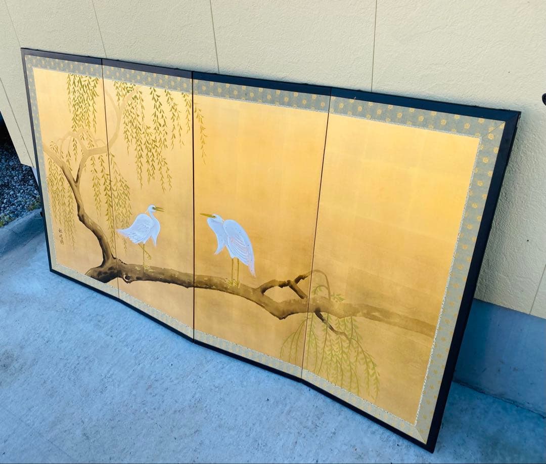 白い鳥と柳の木の屏風 160cm x 90cm