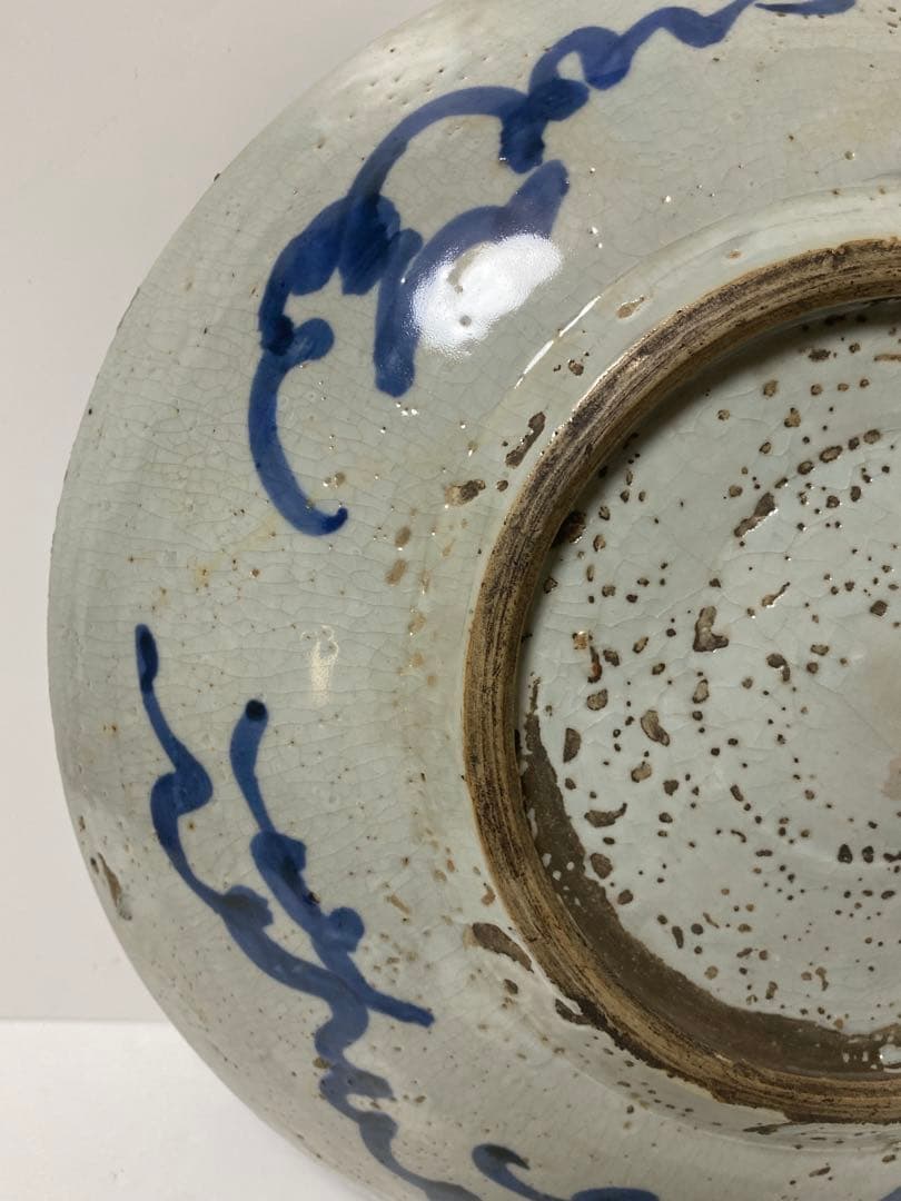 中国美術　呉須染付牡丹鳳凰文大平鉢 大盤 安南大皿 明末～清初 時代箱　骨董品