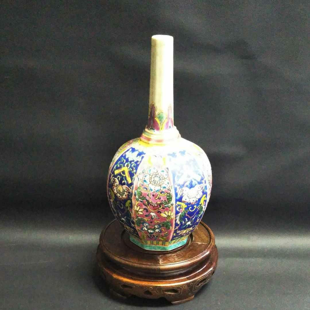 ※中国古美術/琺瑯花鳥紋八角長頸瓶/ (底款:大清乾隆年製)