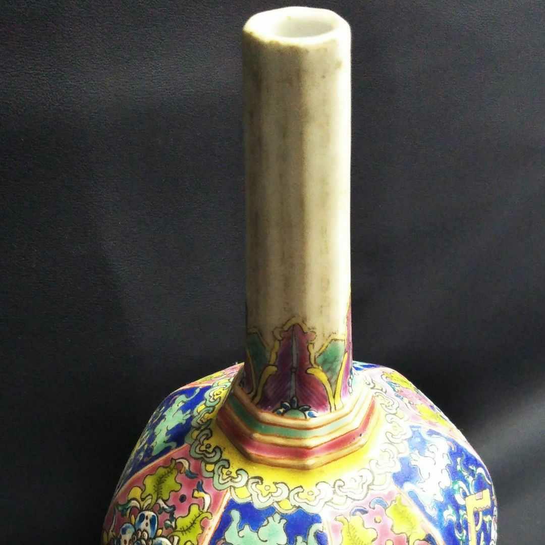 ※中国古美術/琺瑯花鳥紋八角長頸瓶/ (底款:大清乾隆年製)