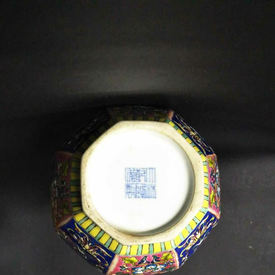 ※中国古美術/琺瑯花鳥紋八角長頸瓶/ (底款:大清乾隆年製)
