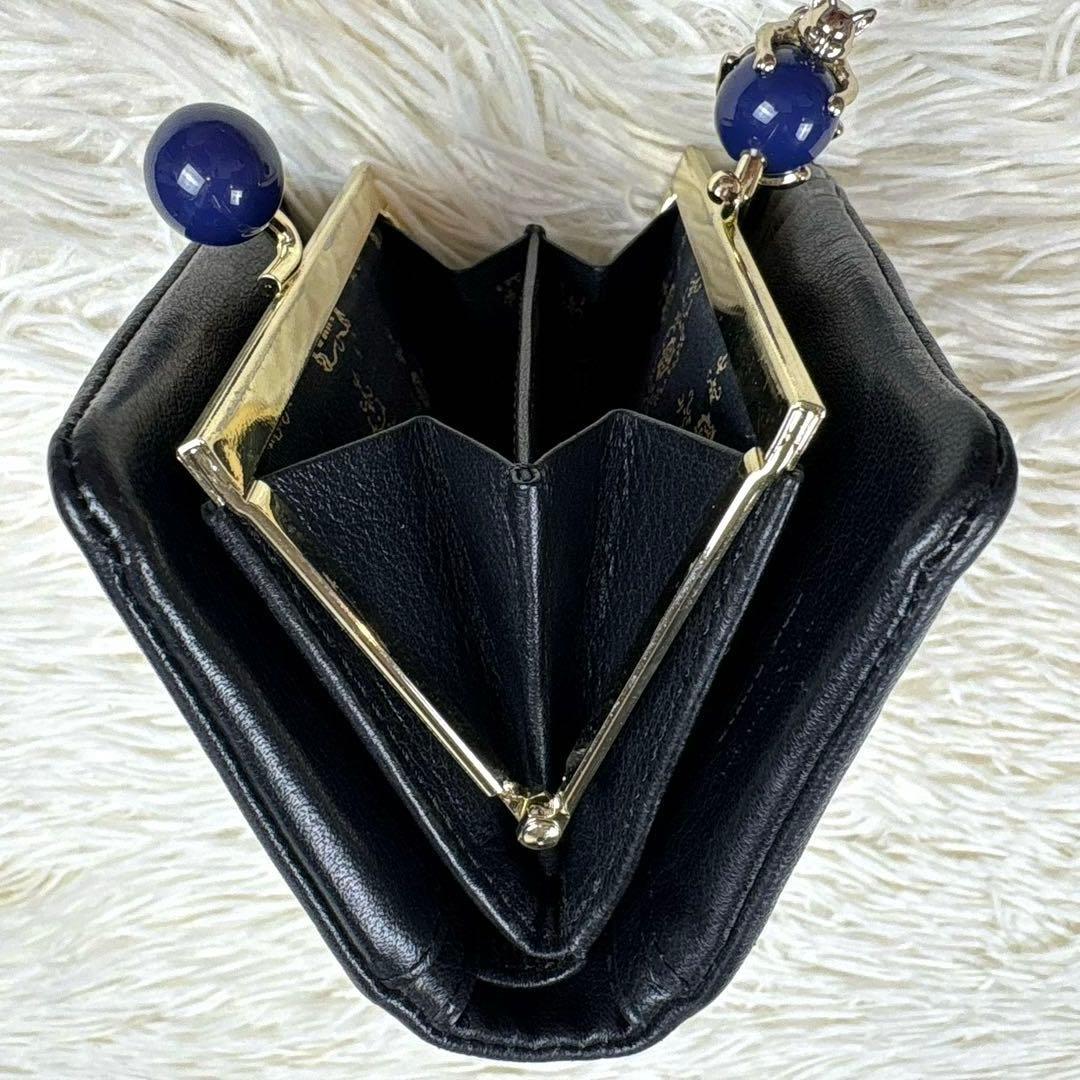美品、アナスイ、ANNA SUI、ネコ、蝶々、スター柄、二つ折り財布、がま口、黒