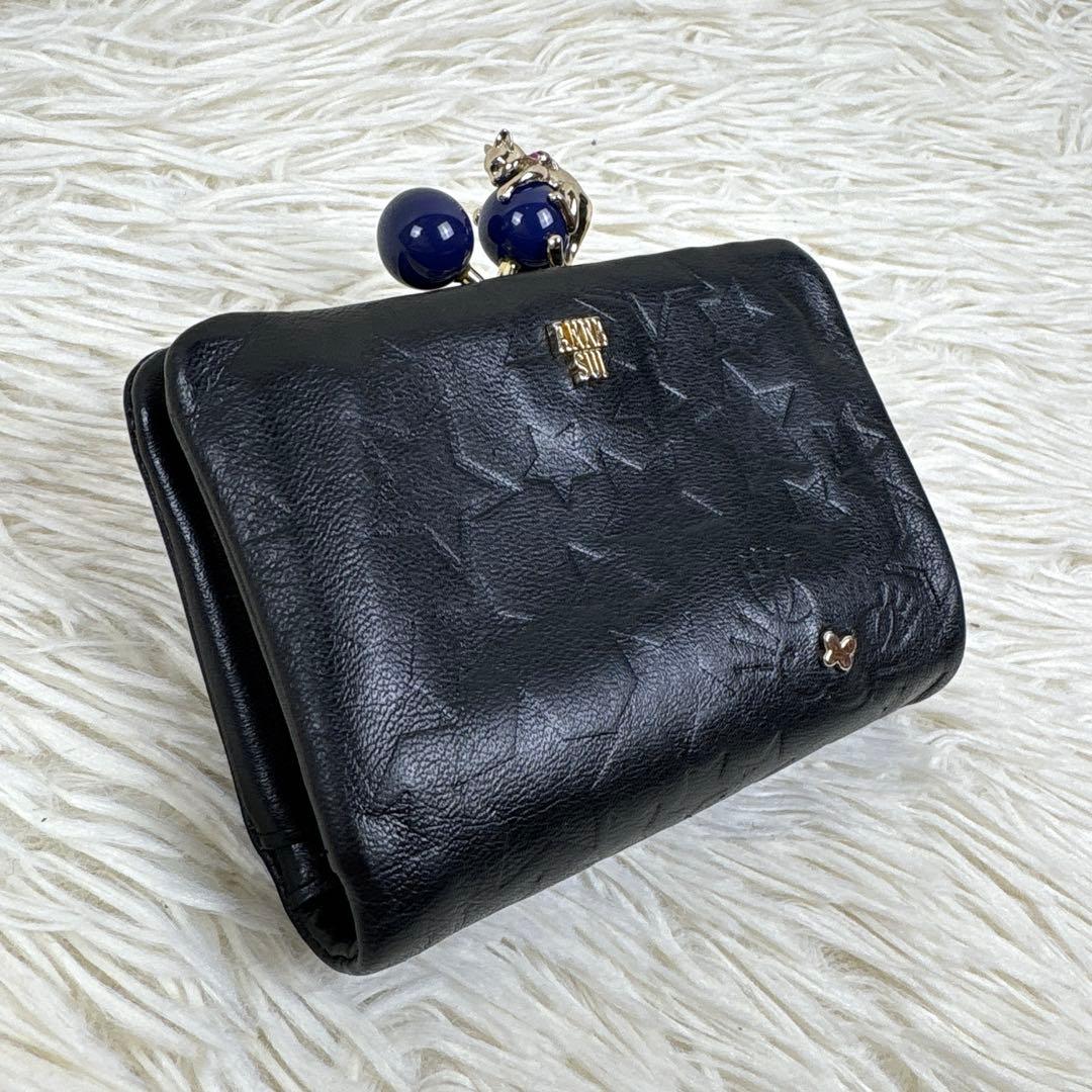 美品、アナスイ、ANNA SUI、ネコ、蝶々、スター柄、二つ折り財布、がま口、黒