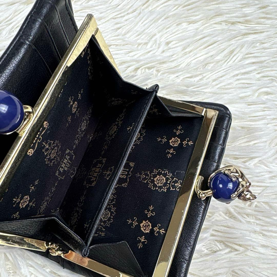 美品、アナスイ、ANNA SUI、ネコ、蝶々、スター柄、二つ折り財布、がま口、黒