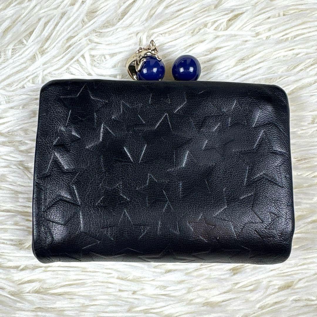 美品、アナスイ、ANNA SUI、ネコ、蝶々、スター柄、二つ折り財布、がま口、黒