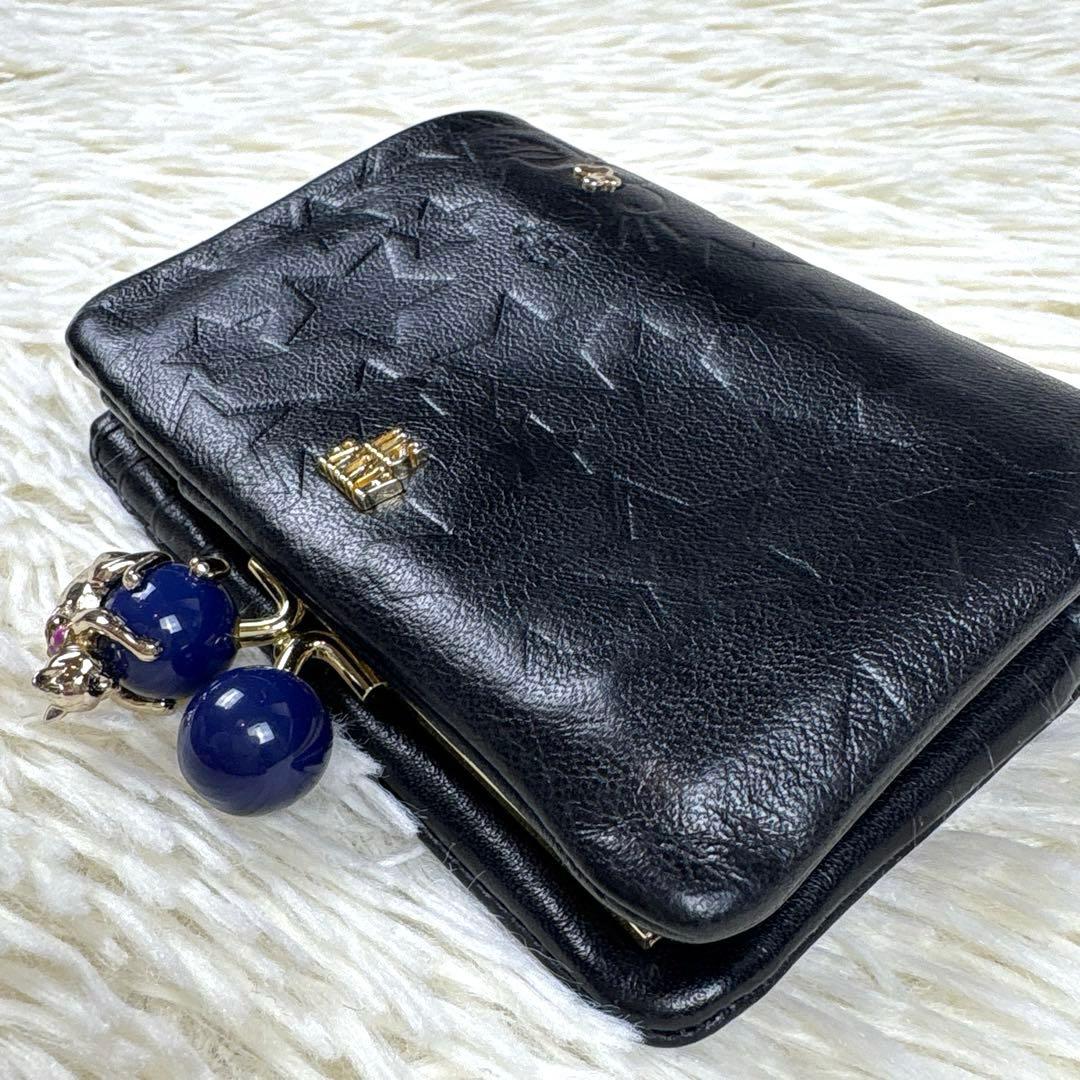 美品、アナスイ、ANNA SUI、ネコ、蝶々、スター柄、二つ折り財布、がま口、黒