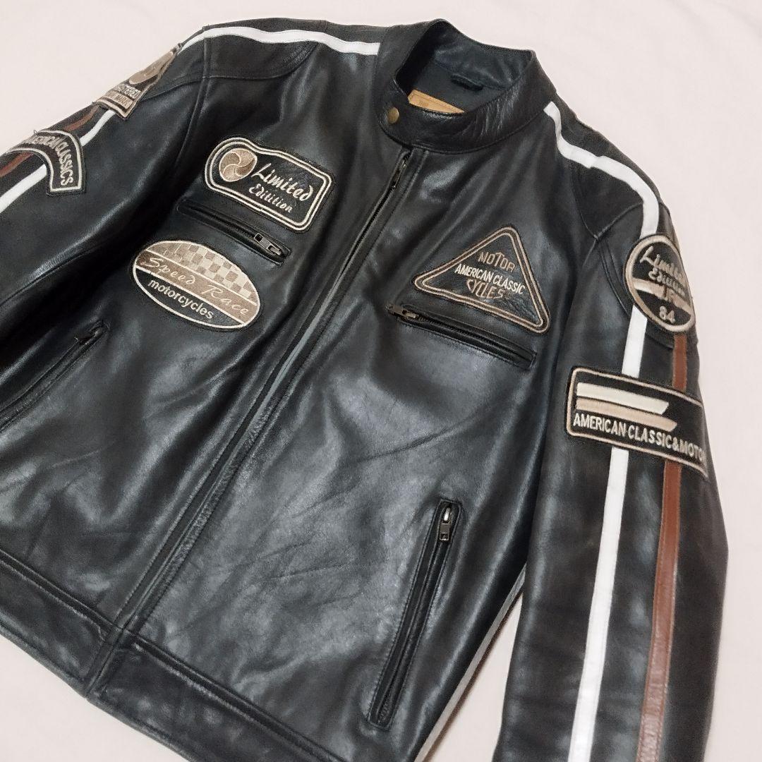 デグナー　ライダースジャケット　ブラック　牛革　ワッペン　キルティング　XL