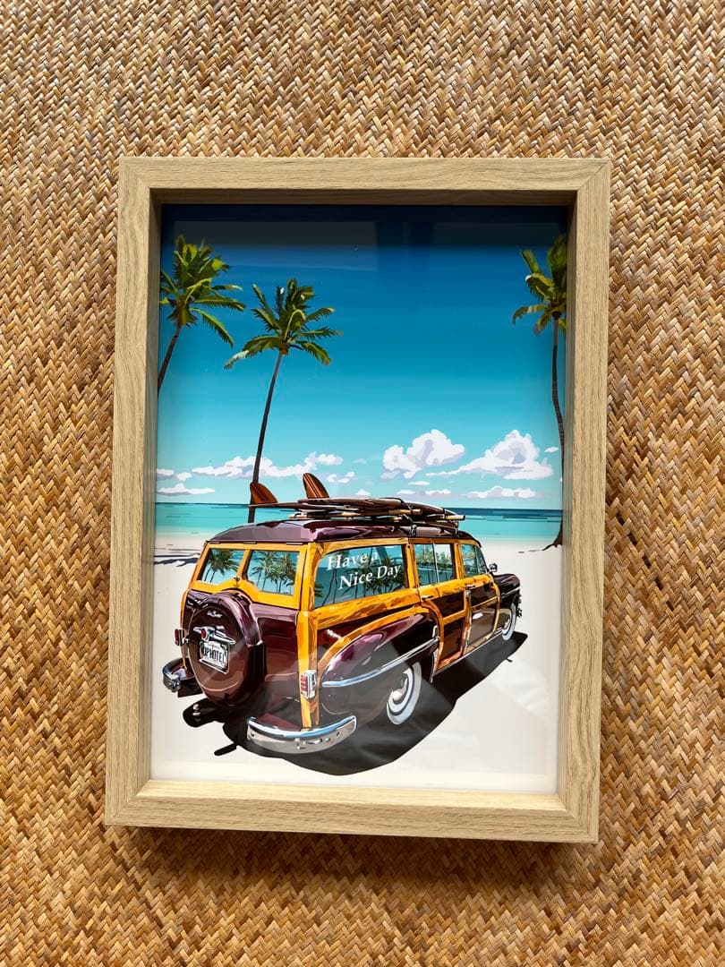 ハワイの浜辺サーフィンカー　1/10 10点限定 絵画　イラスト画　自作絵画