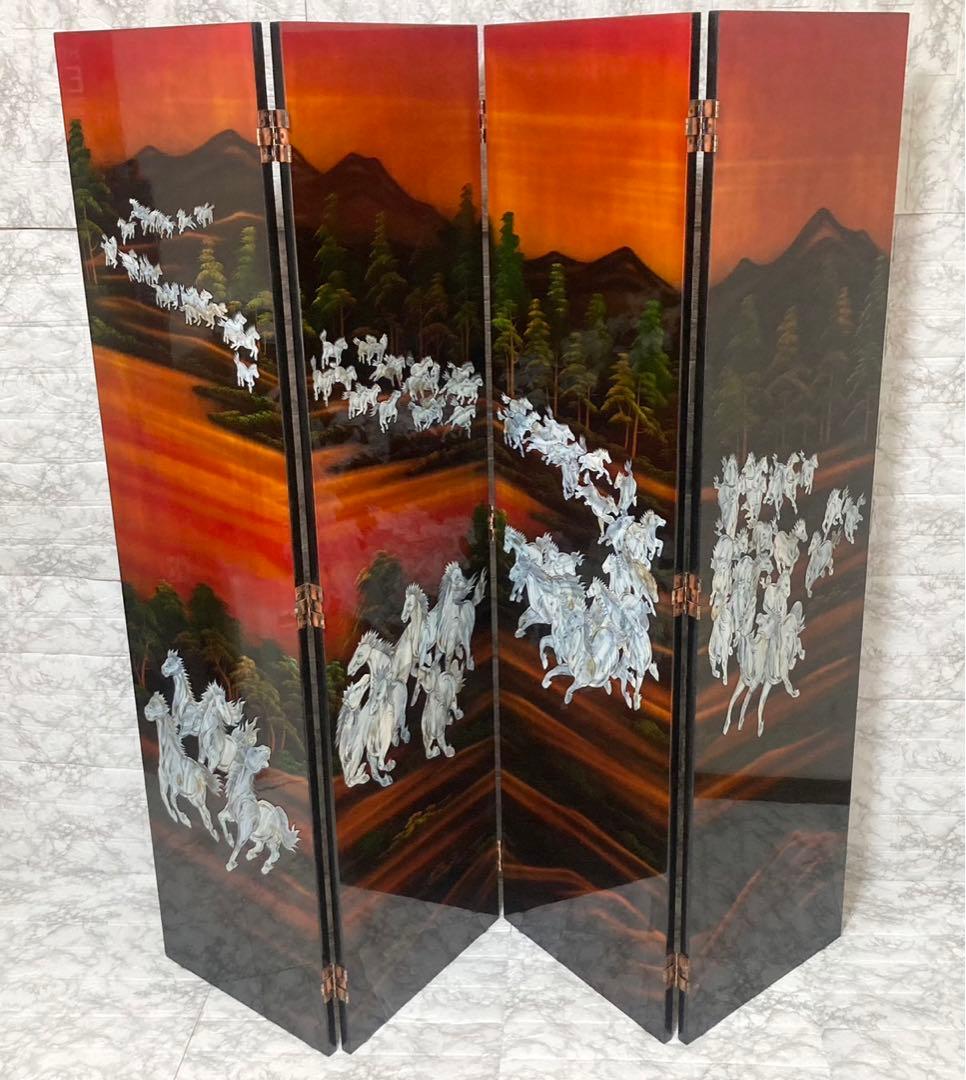 【特大】螺鈿細工 パーテーション 衝立「馬倒成功」 高さ：150cm