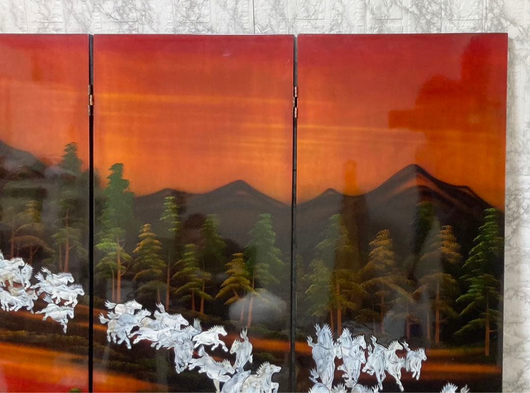 【特大】螺鈿細工 パーテーション 衝立「馬倒成功」 高さ：150cm