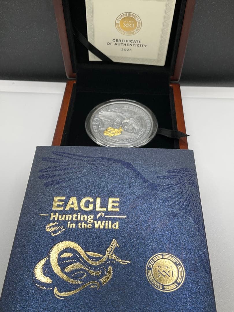 2023年ガーナ　野生の狩人　イーグル アンティーク風・金メッキ付　50g銀貨