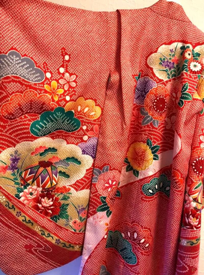 美品　絞り柄　赤　花柄　着物 七五三　7歳　女の子