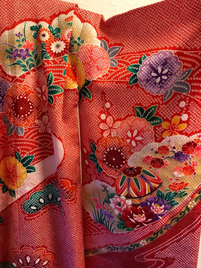 美品　絞り柄　赤　花柄　着物 七五三　7歳　女の子