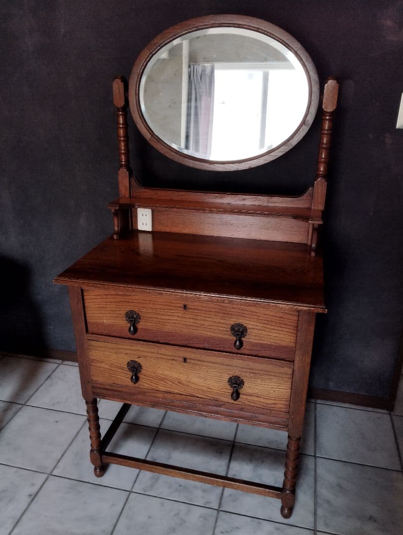 【発送11月末〜アンティーク 木製ドレッサー ミラー/コンセント付き/引出し2段