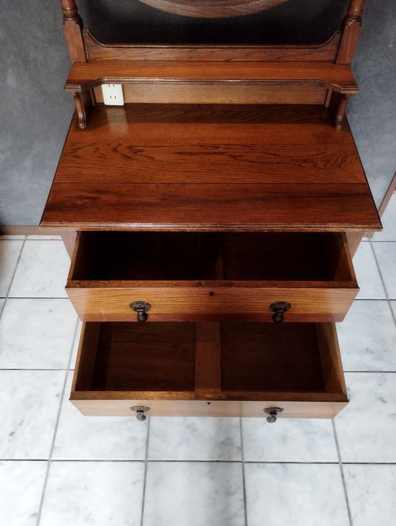 【発送11月末〜アンティーク 木製ドレッサー ミラー/コンセント付き/引出し2段