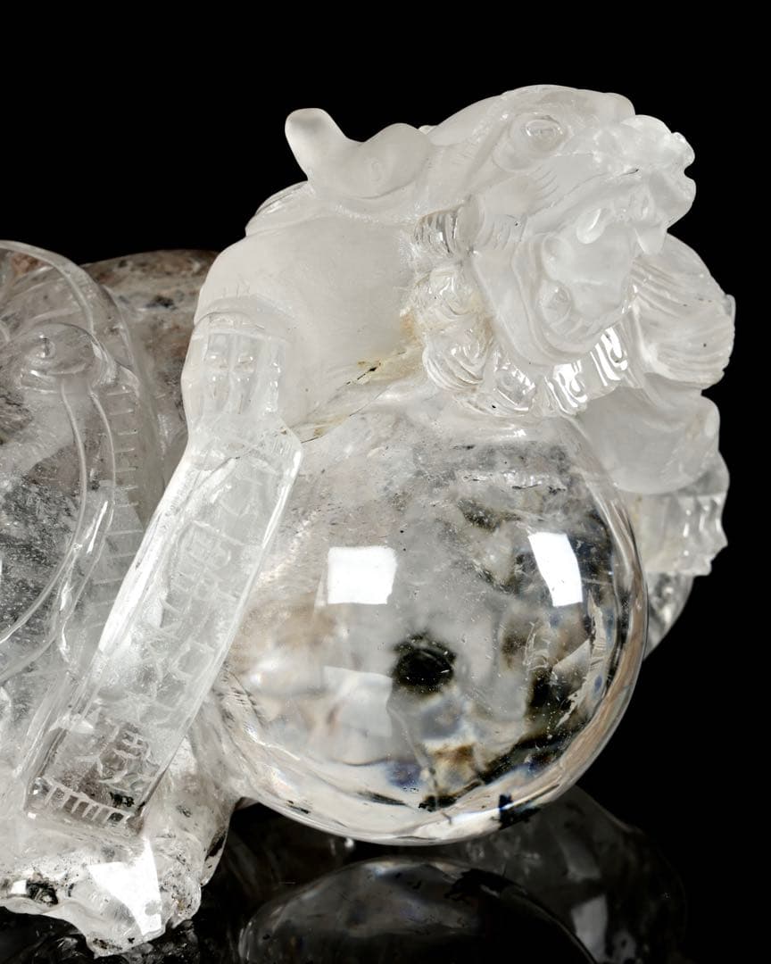 中国美術 水晶玉乗獅子 万事如意刻印 置物 老水晶彫 古水晶 唐物 古美術 骨董