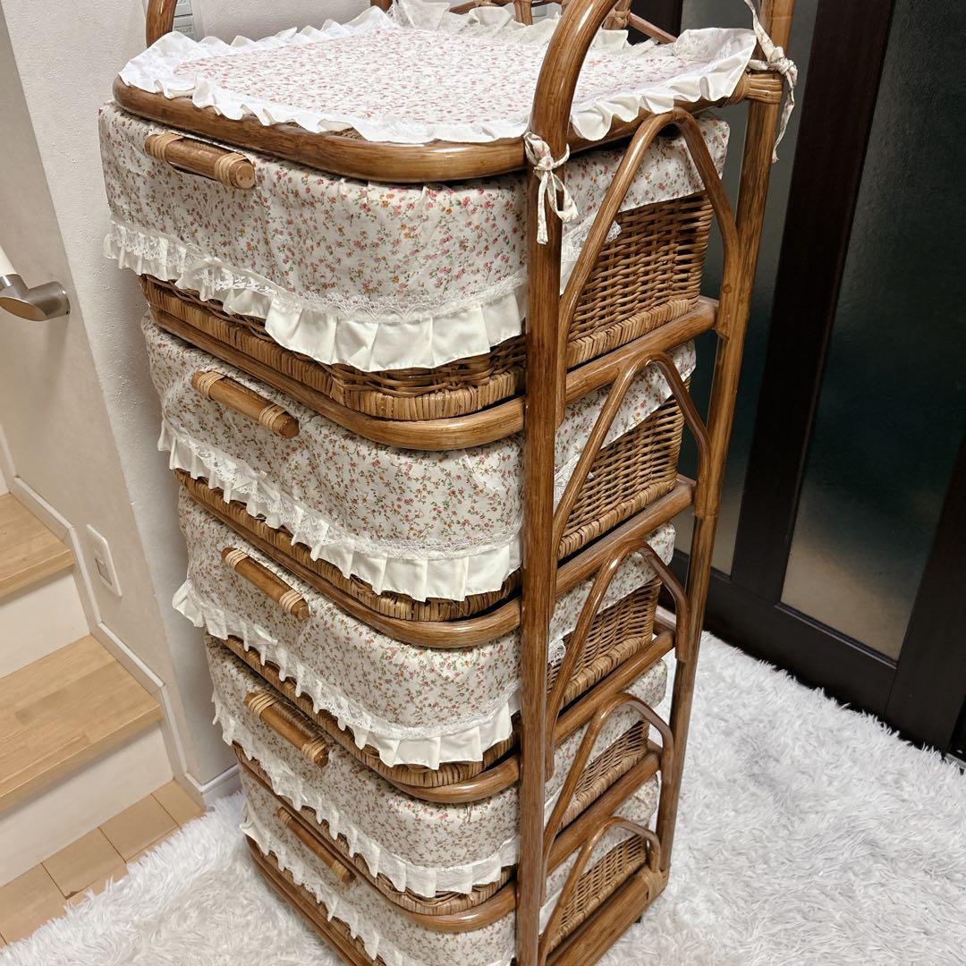 ラタンチェスト 5段 籐家具 ビンテージ キャビネット収納 ラタン キャスター付