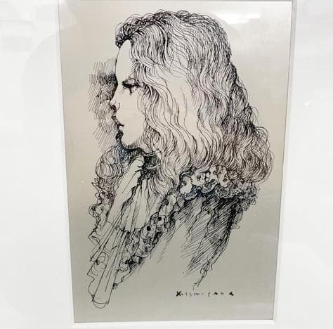 石阪春生 女性像 ペン画 金属製フレーム