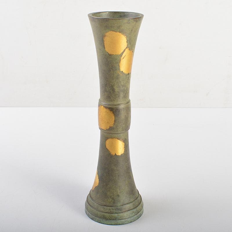 平安　秦蔵六造　 塗金銅　立鼓式花瓶　共箱　D　R7305