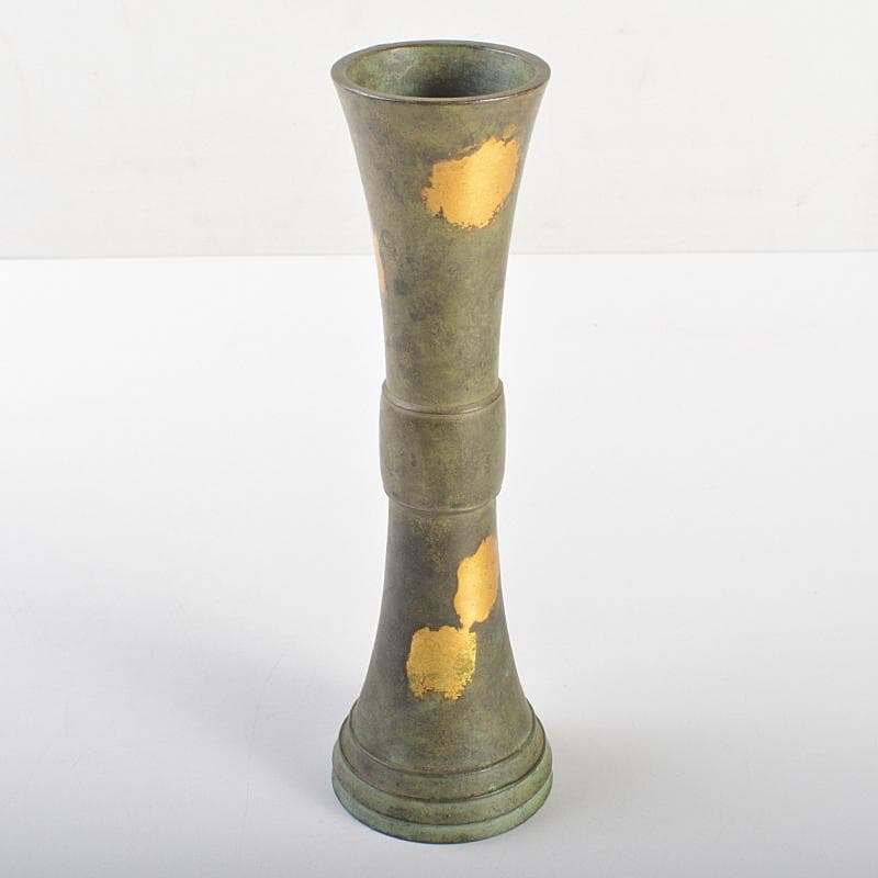 平安　秦蔵六造　 塗金銅　立鼓式花瓶　共箱　D　R7305