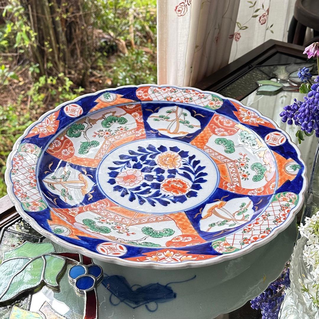 2154様感謝‼️春‼️伊万里　金彩色絵　牡丹に鶴　梅&松輪花縁大皿　尺2寸1客