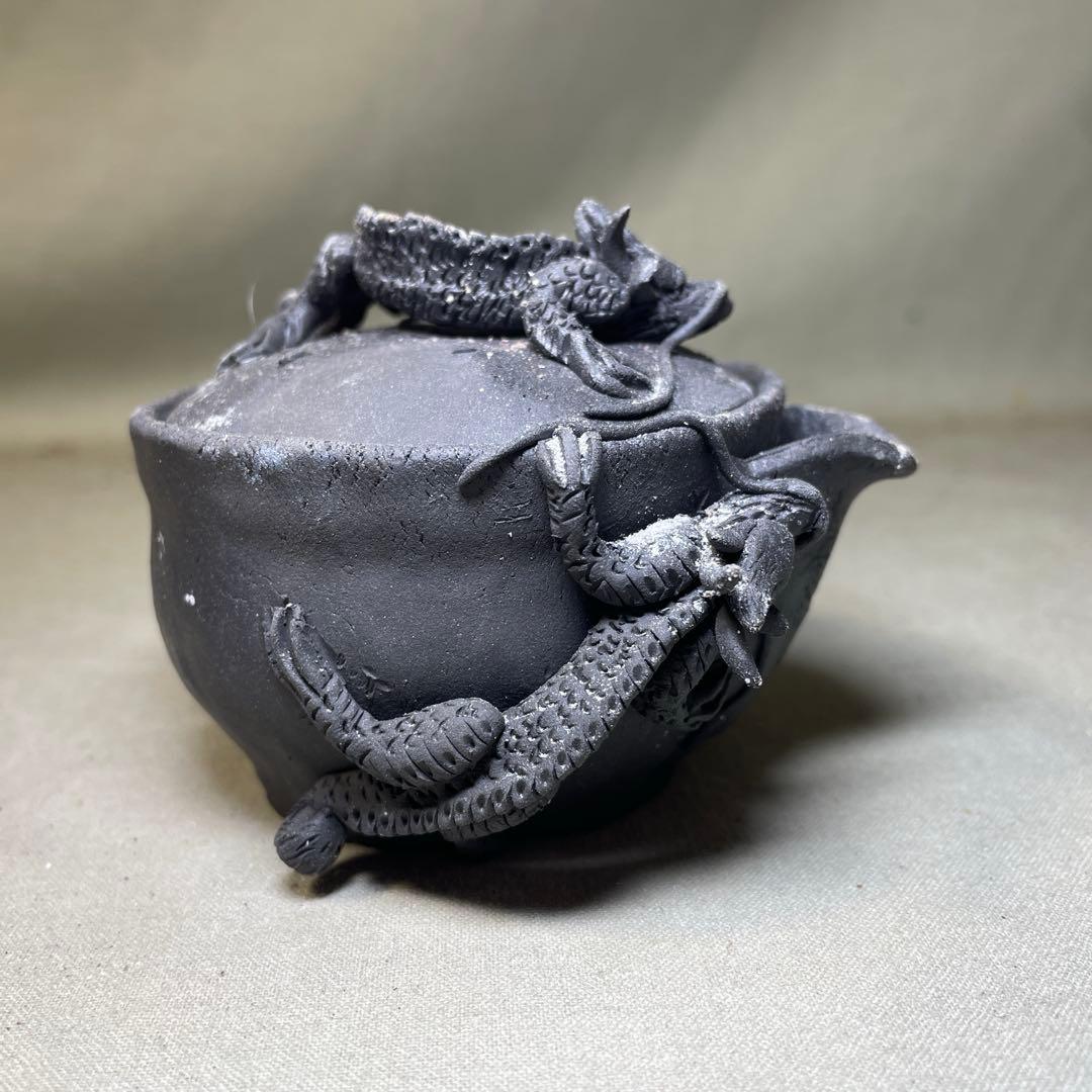 時代 備前双龍宝瓶　炭化青備前 窯変 双竜　手造　煎茶道具　備前焼 急