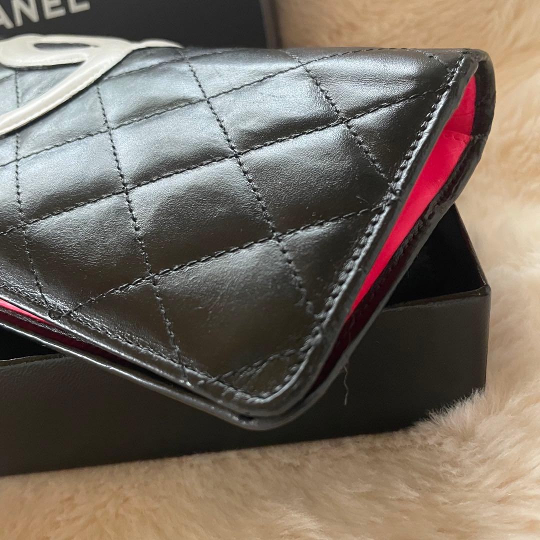シャネル CHANEL 財布 二つ折りカンボンライン ココ 黒 白 ピンク