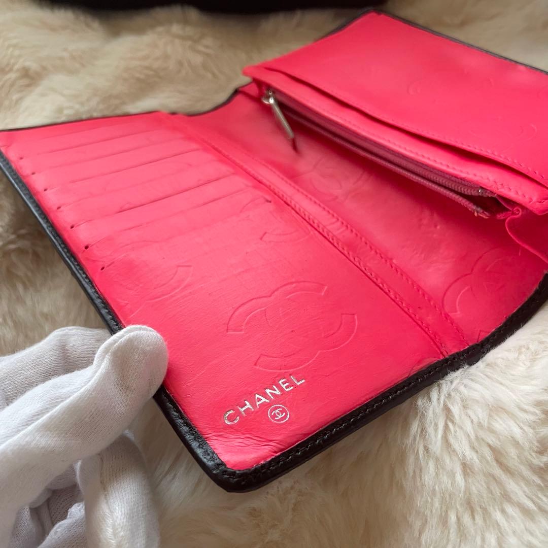 シャネル CHANEL 財布 二つ折りカンボンライン ココ 黒 白 ピンク