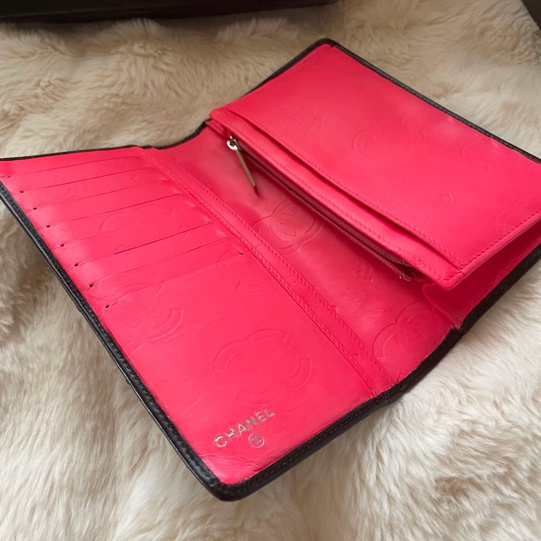 シャネル CHANEL 財布 二つ折りカンボンライン ココ 黒 白 ピンク