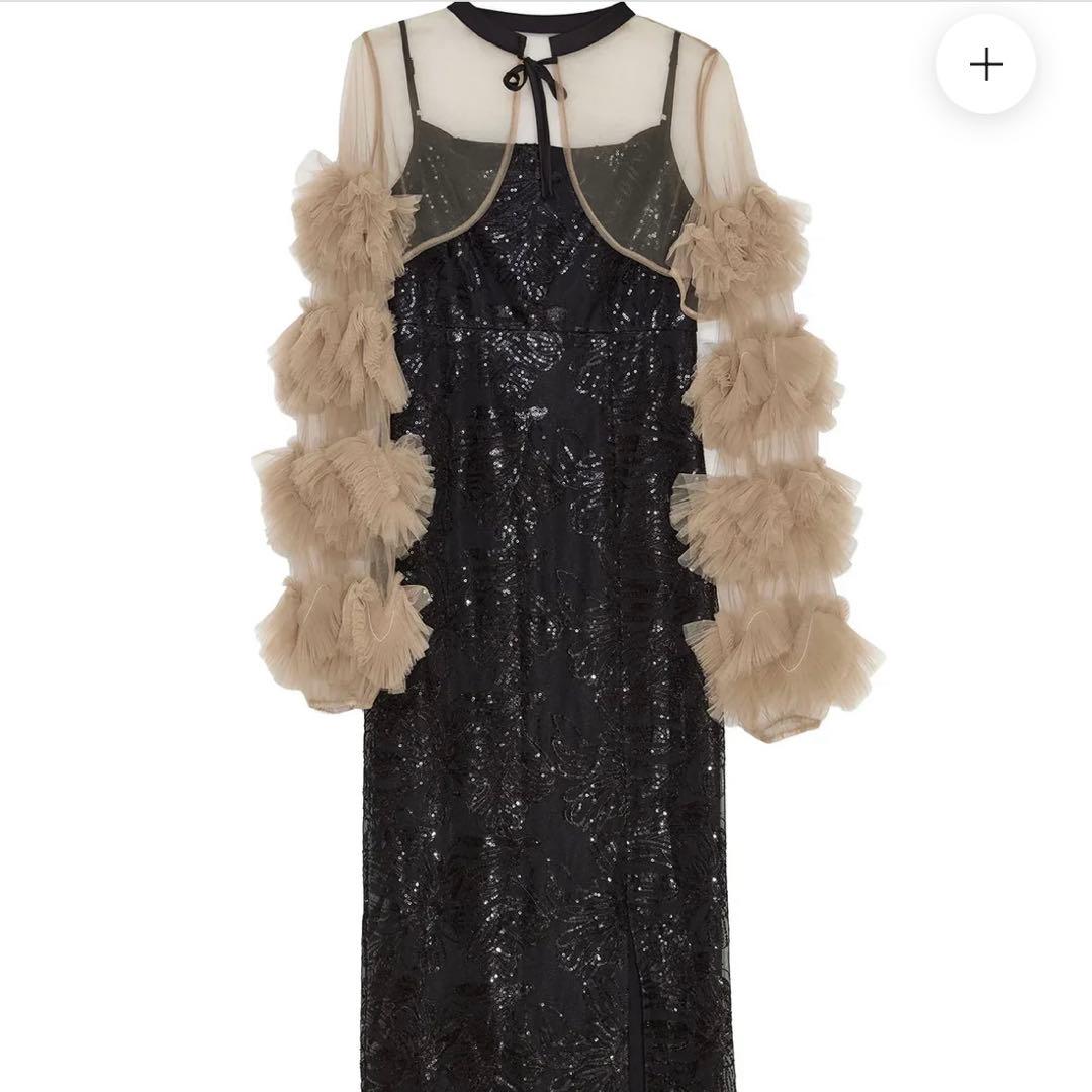 leja フリルチュールスリーブリボンIラインワンピースドレス