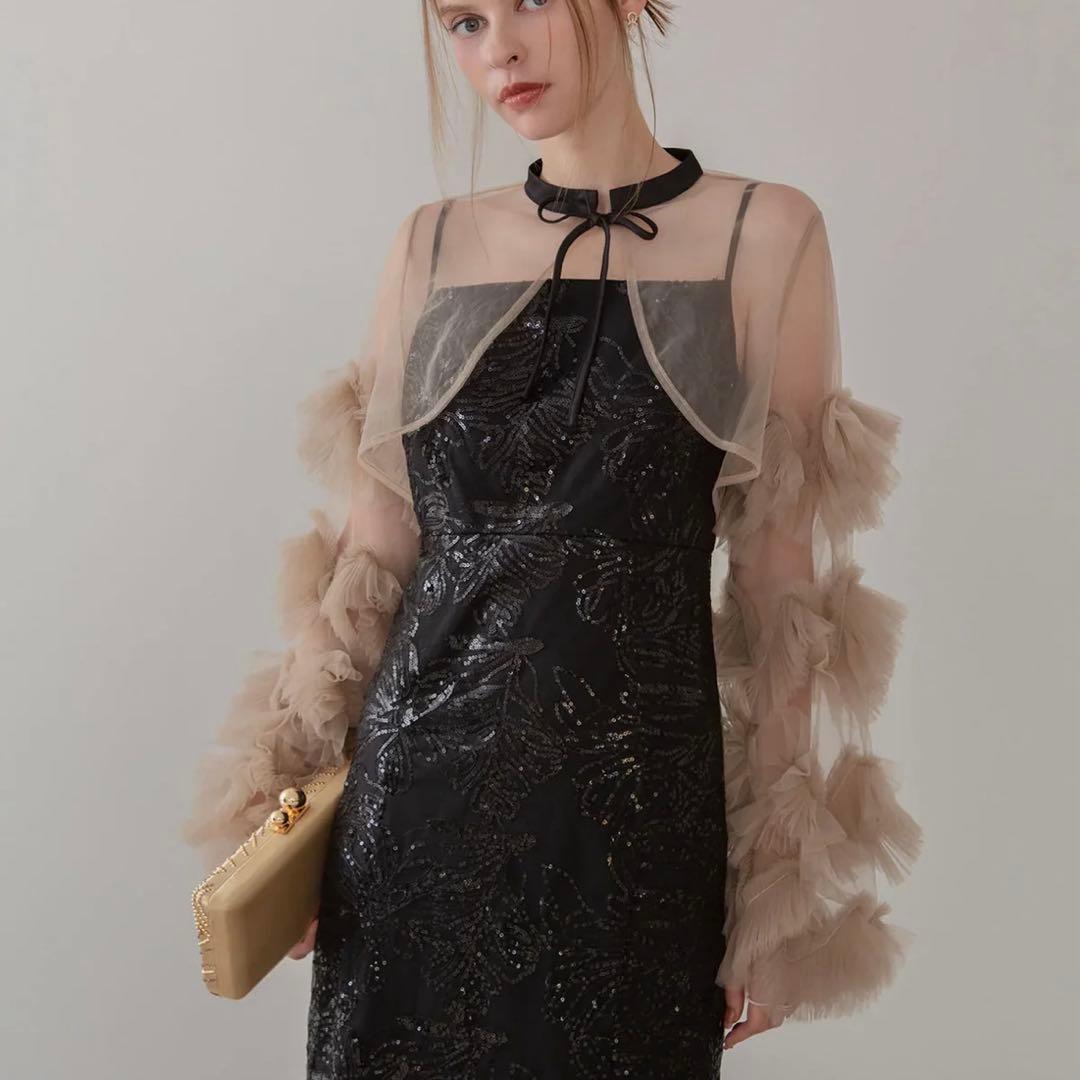 leja フリルチュールスリーブリボンIラインワンピースドレス