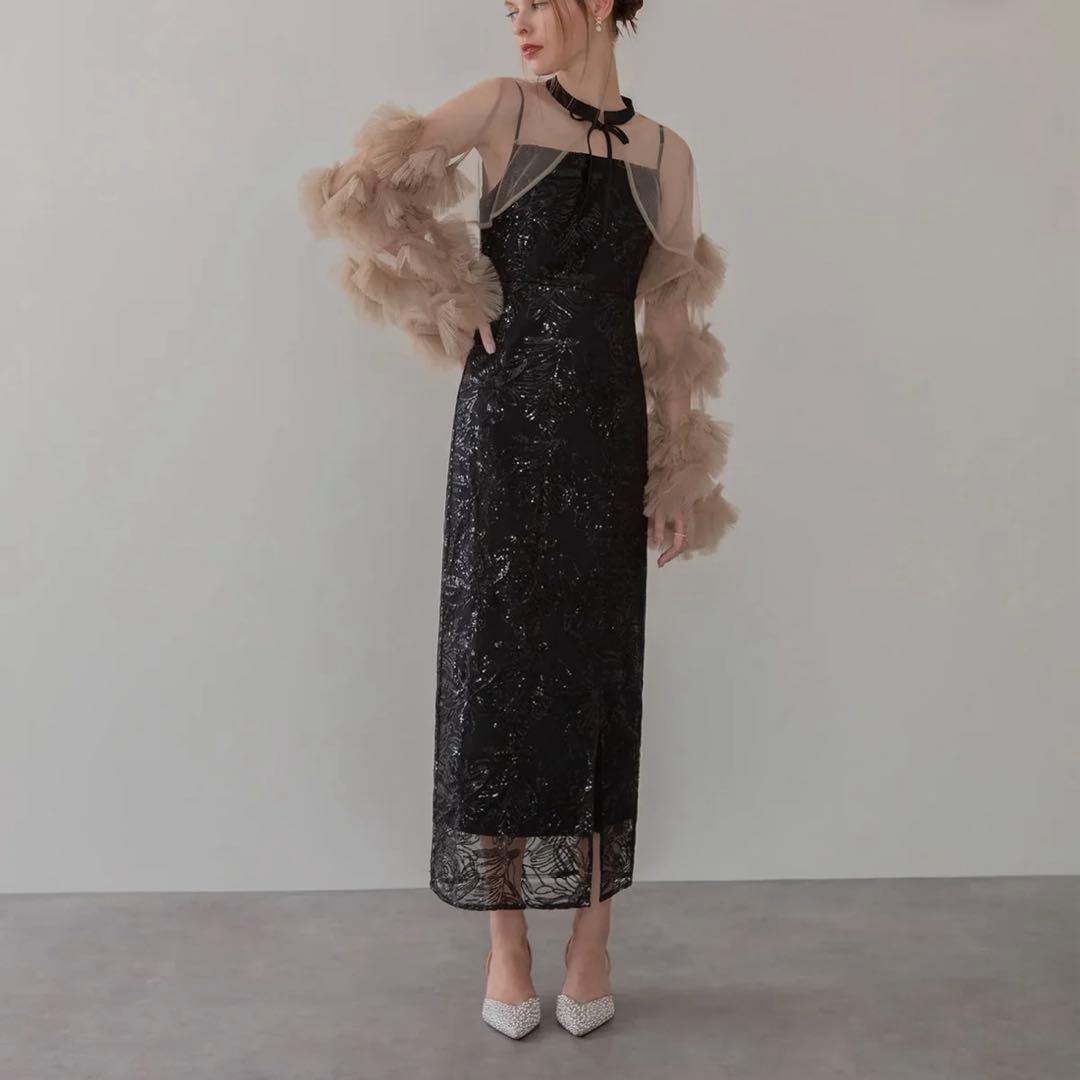 leja フリルチュールスリーブリボンIラインワンピースドレス