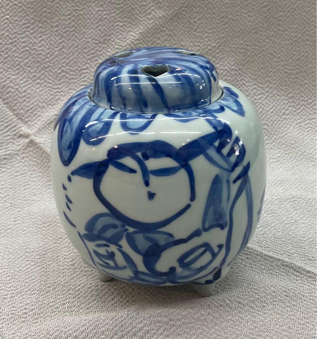B68s  佐藤勝彦作　染付人物香炉　かつひこ　画家書家陶芸家