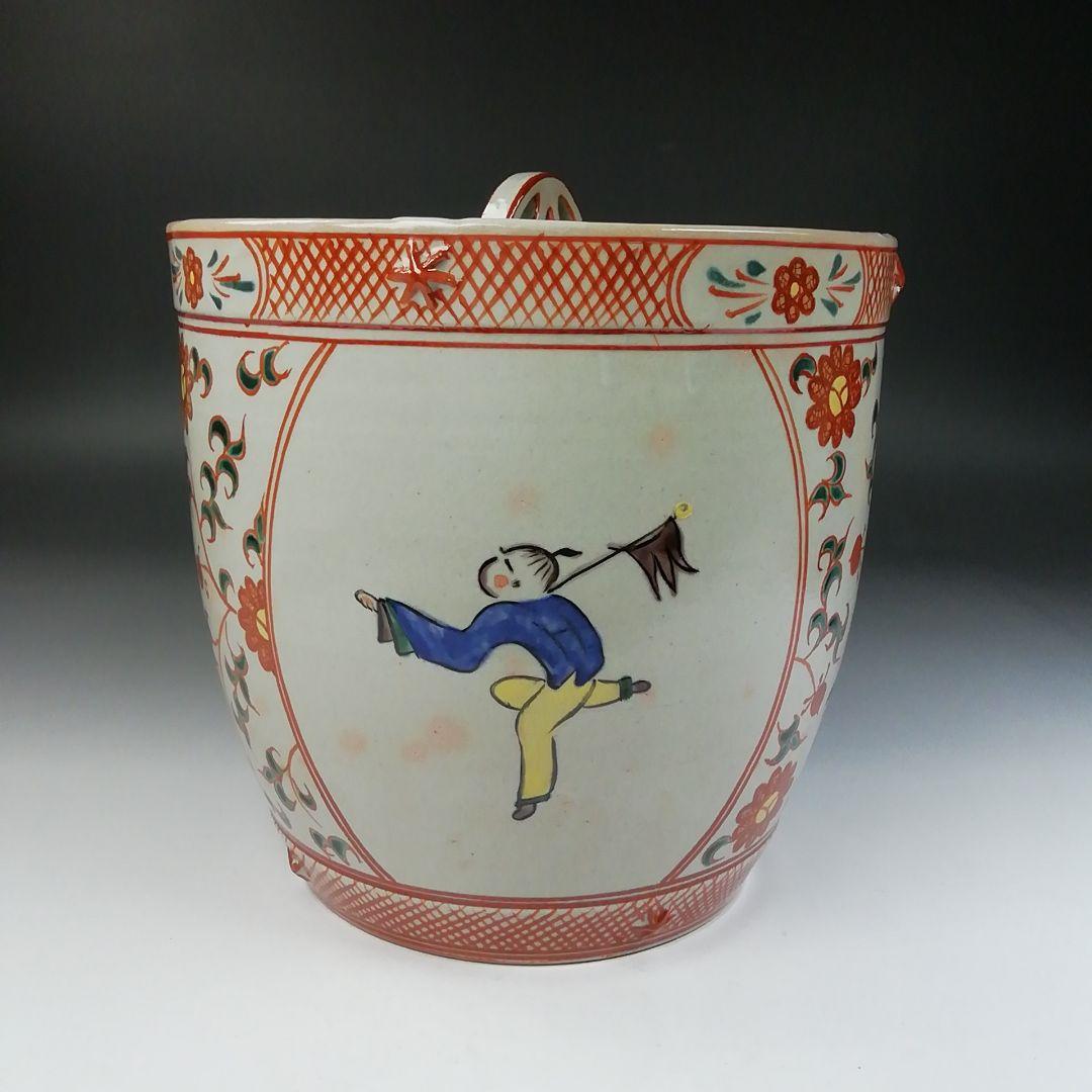 Ｔ８５６　水指　『赤絵　唐子』『塗替蓋付』『堀野証嗣 造』　共箱　茶道具