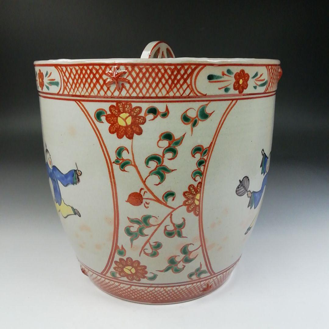 Ｔ８５６　水指　『赤絵　唐子』『塗替蓋付』『堀野証嗣 造』　共箱　茶道具