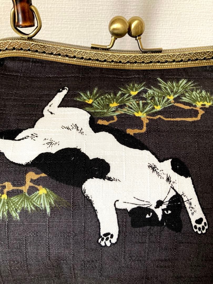 ❤️着物お出かけbag 猫と松　バンブーハンドルbag
