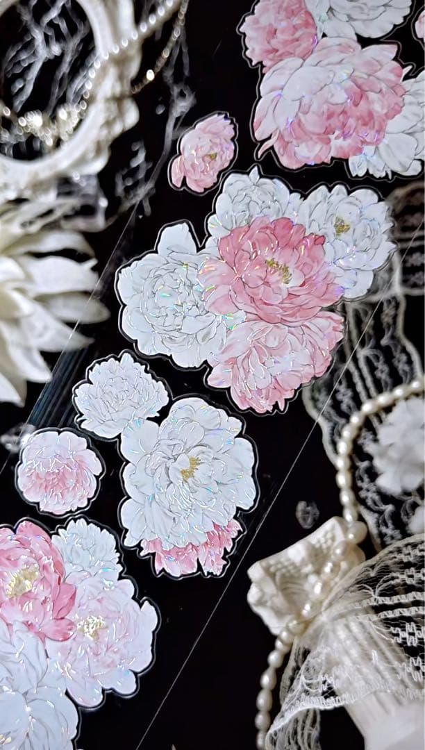 【9379】海外　5m巻　貝殻光カッティングマスキングテープ　ピンク　お花系