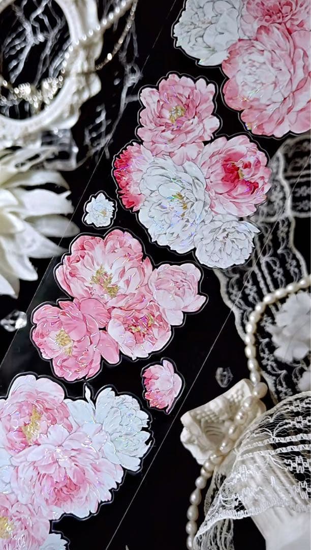 【9379】海外　5m巻　貝殻光カッティングマスキングテープ　ピンク　お花系