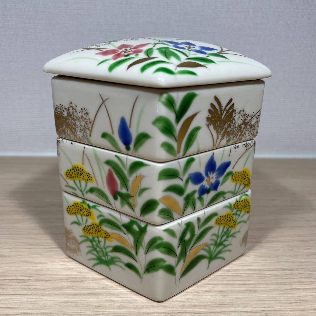 値下げ【昭和】五角形　陶器　三段　かさね重　合格縁起物