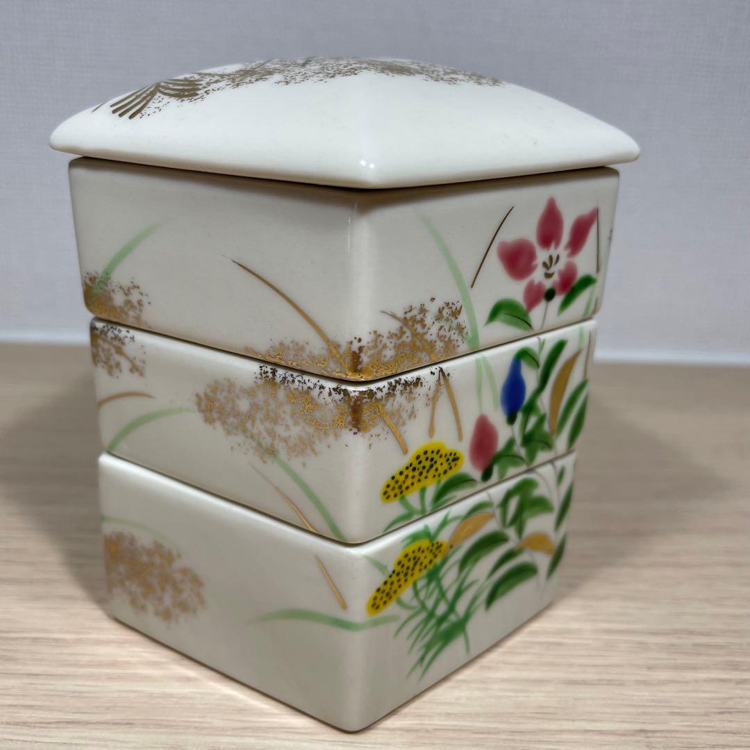 値下げ【昭和】五角形　陶器　三段　かさね重　合格縁起物