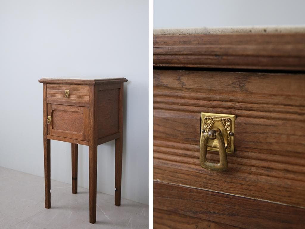 フランスアンティーク木製*大理石キャビネット/ナイトテーブル机(90-143-4