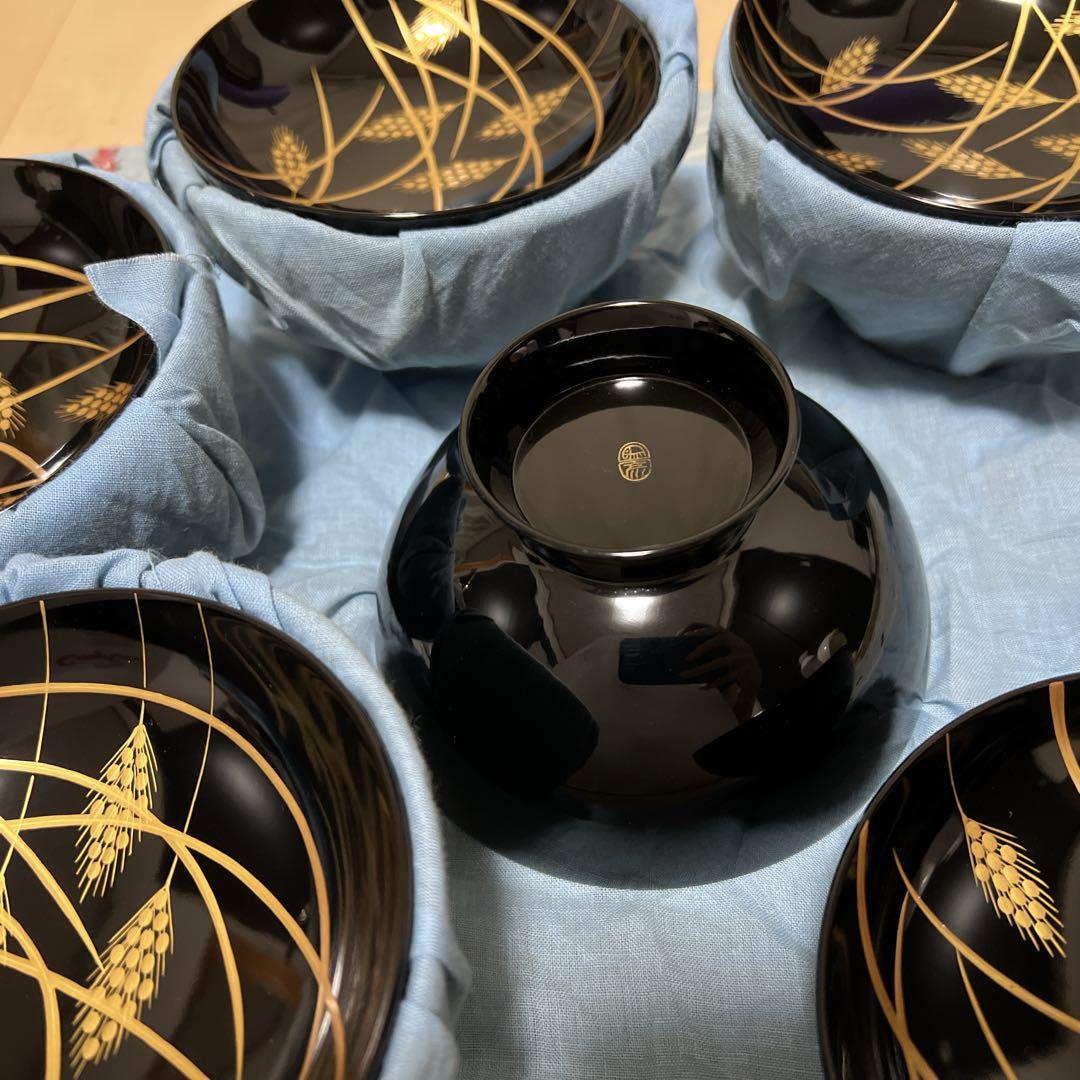 平安 象彦 黒漆塗り 稲穂 金蒔絵 5客セット蓋付き吸物椀 汁椀 木製漆塗