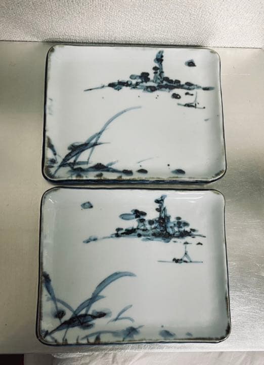 坪平土平・広永窯　　染付山水角皿5枚組　　桐箱入り　懐石　茶事　半泥子の弟子